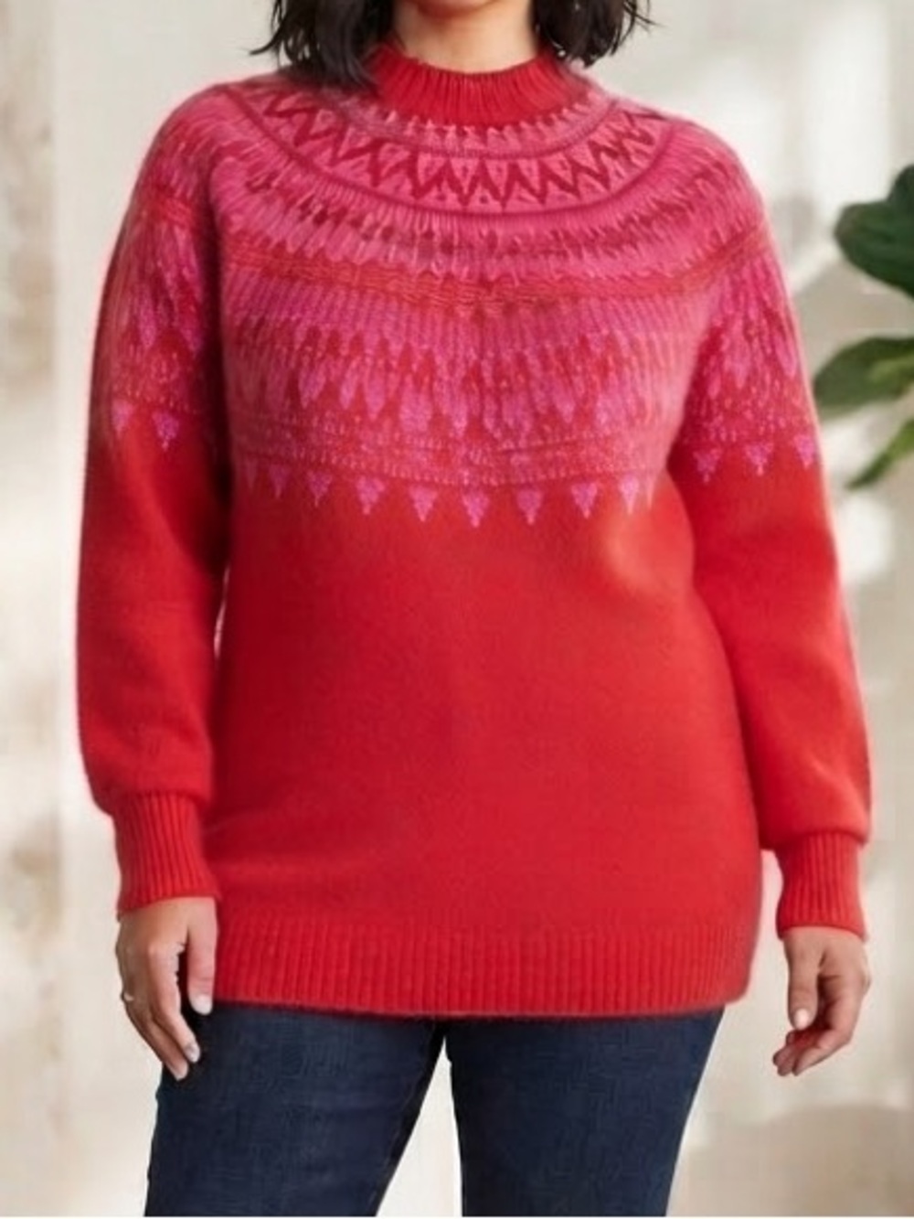 Crown & Ivy Pink & Red Fair Isle Mock Neck Sweater